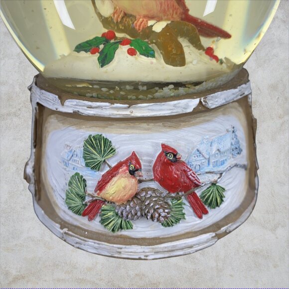 CHRISTMAS SNOW GLOBE -- Musical, Red Cardinals, Holly, Plays "We Wish You Merry" - Picture 3 of 7